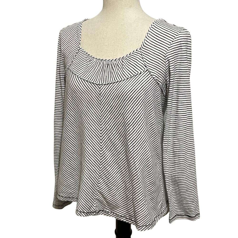 Maeve Anthropologie Striped Gathered Neck Long Sleeve Top White Black M
